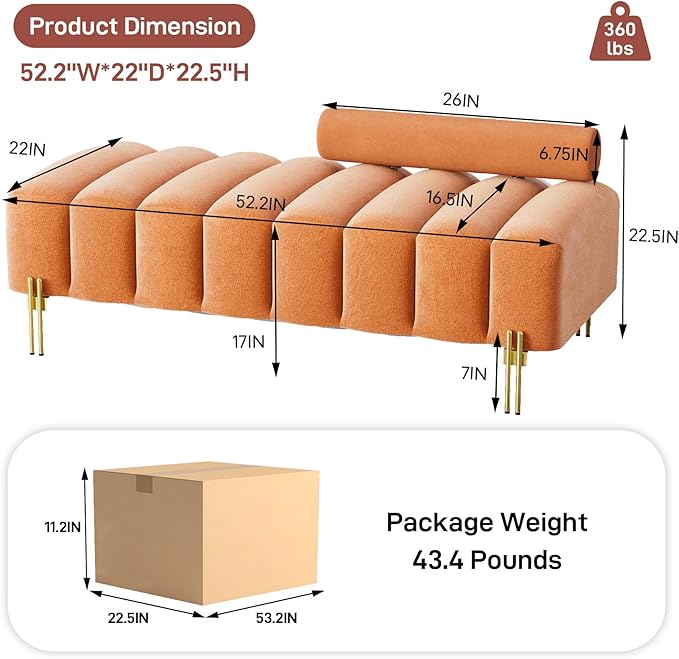 Small Loveseat Sofa Couch 52.2 Modern Velvet Mini Sofa for Bedroom Golden Legs Channel Tufted Settee Loveseat with Adjustable Back for Living Room Apartment Compact Small Space Orange