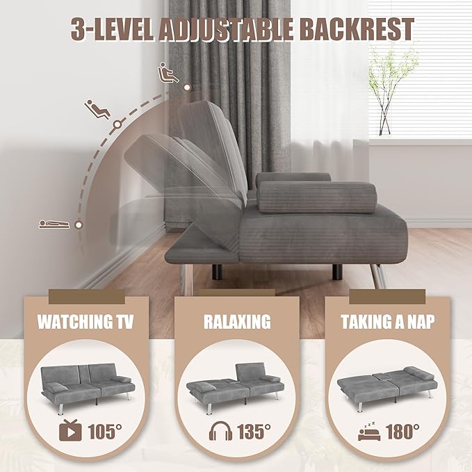 YESHOMY Futon Sofa Bed Futon Couch with Adjustable Backrest Convertible Sleeper Sofa with Removable Armrests Loveseat in Corduroy with 2 Cup Holders for Living Room Apartment (Grey)