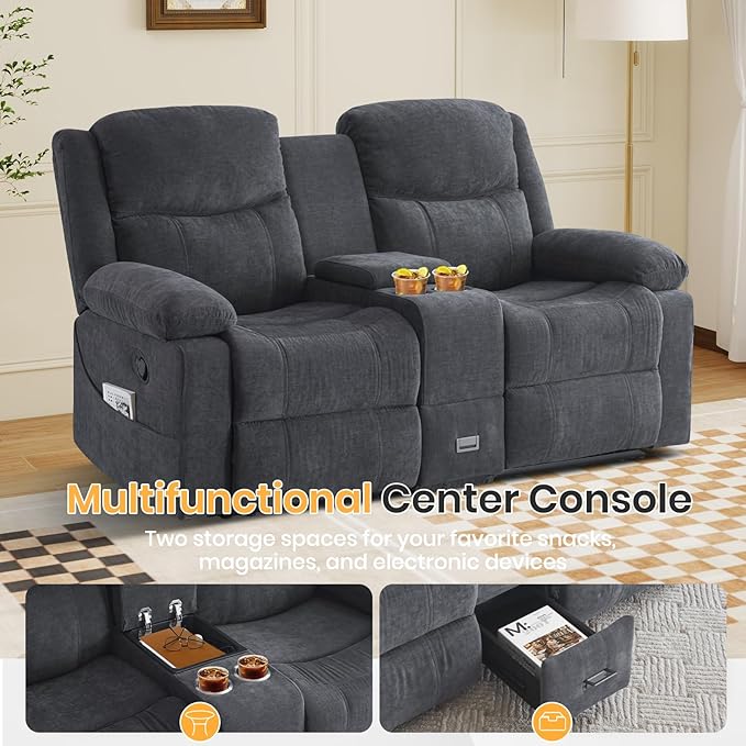 Loveseat Recliner Sofa with Massage &amp Heating Reclining Loveseat with Console RV Wall Hugger Double Loveseat Recliner Couch for Living Room &amp Home Theater (Chenille-Grey)