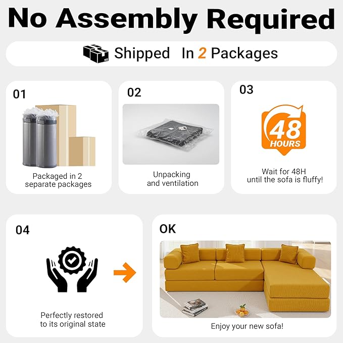 108'' Modular Sectional Sofa Bed Convertible Folding Sofa Bed With Removable Backres Boneless Cloud Couch with Deep Seat Modern Fold-Out Futon Couch Bed for Living Room No Assembly RequiredYellow