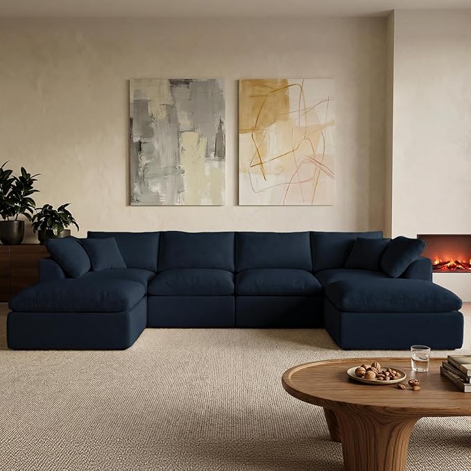 Modular Sectional Cloud Sofa Couch 110” L-Shape Wide Armrest 3 Seats Couch Free Combination Compressed Sofa for Living Room BedroomNo Assembly Needed (Blue 4 Seats)