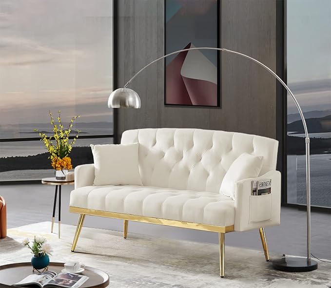 Antetek Upholstered Velvet Loveseat Sofa Modern Small Couch with Side Pocket and Golden Metal Legs Tufted Leisure Sofa for Living Room Bedroom Office Small Space Light Beige