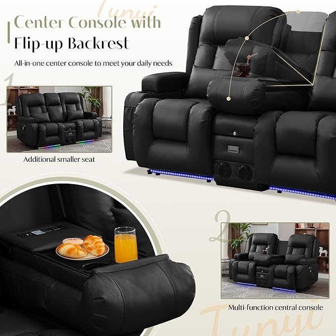 TUNYI Power Loveseat Recliner Sofa Faux Leather Reclining Sofa with Console RV Reclining Loveseat Couch with USB/Outlet/Storage/Side Pocket/LED Light/Speaker (Black Loveseat)