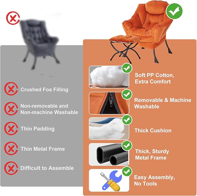Lazy Chair with Ottoman Modern Accent Chair with Armrests and a Side Pocket Velvet Orange Accent Chairs Reading Chairs Oversized Armchairs for Bedroom Study Living Room Courtyard