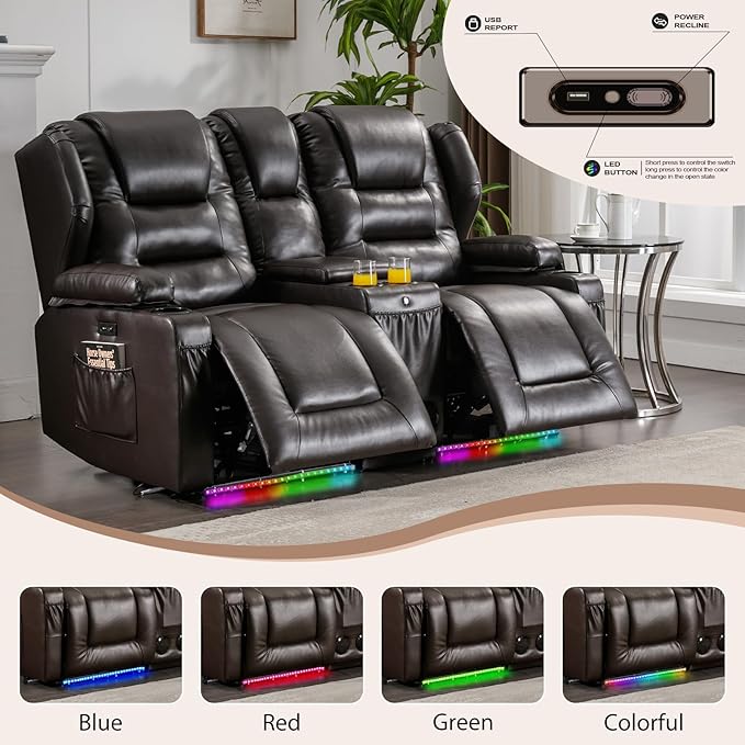 Loveseat Power Recliner Sofa Couch Electric Reclining Sofa Chair for Living Room with Multi-Function Console/Cup Holders/LED Ambient Light