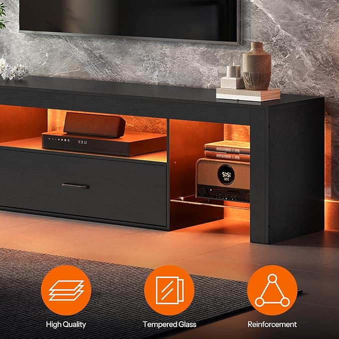 HOOBRO LED TV Stand with Power Outlets to 65 inch TV Gaming Entertainment Center with Glass Shelves and Large Drawer Modern Media TV Console Table for Living Room Bedroom Black BB160UDDS01G1