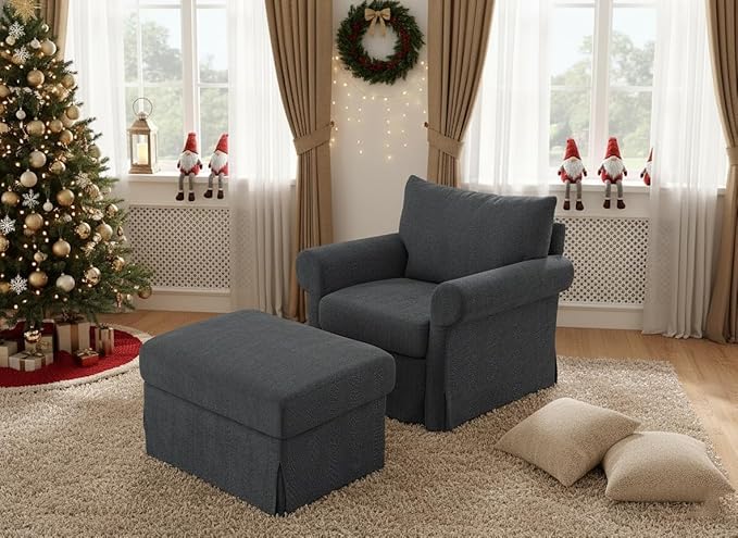 35.8 Accent Chair with Ottoman Set Comfy Chenille Armchair with Rolled Arms Modern Single Reading Chair for Living Room Bedroom Apartment Grey