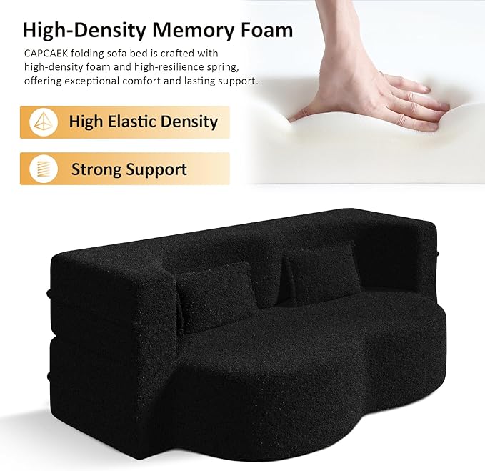 Folding Sofa Bed15 Full Size Boneless Couch for Living Room Teddy Fabric Foam-Filled Convertible Loveseat Sleeper Sofa Bed (Black-Teddy)