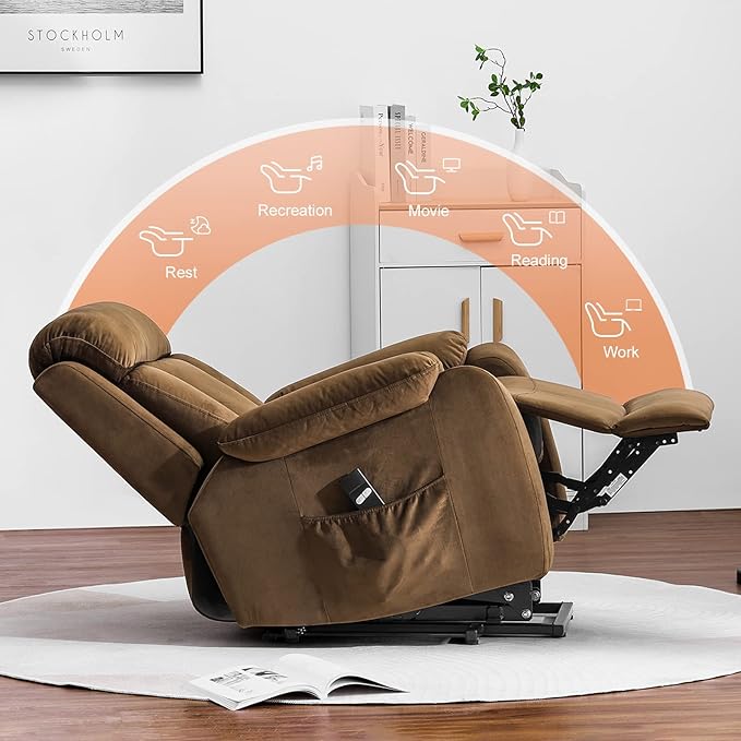 DAZONE Brown Small Power Lift Recliner Chair for Elderly - Quiet Motor Electric Recliner with Overstuffed Comfort with Space-Saving Design for Living Room Bedroom