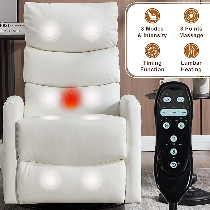 cinkehome Swivel Rocker Recliner Chair Upholstered Nursery Glider Recliner Chair with Heated Massage High Back Side Pocket (White PU Leather)