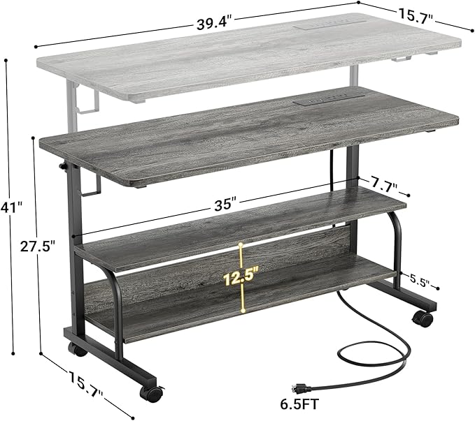 39 Height Adjustable Standing Desk with Power Outlets - Manual Rolling Stand Up Desk with Wheels Small Portable Computer Desk Mobile Laptop Table with Storage Shelves for Home Office Grey Oak