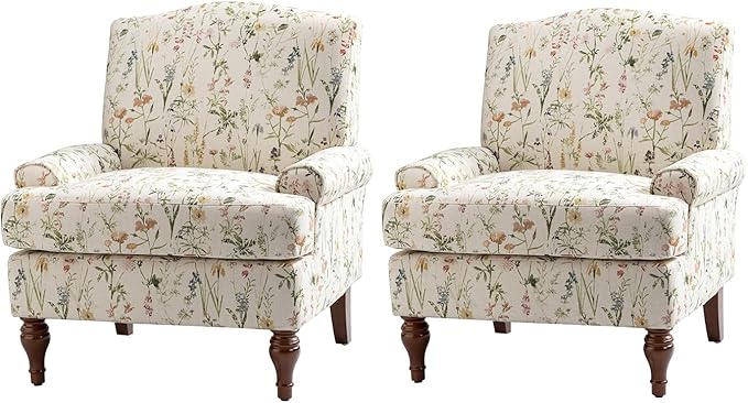 HULALA HOME Floral Spring Accent Chair Set of 2 for Bedroom | Wood Legs Upholstered | Modern Retro Comfy Removable Cushion