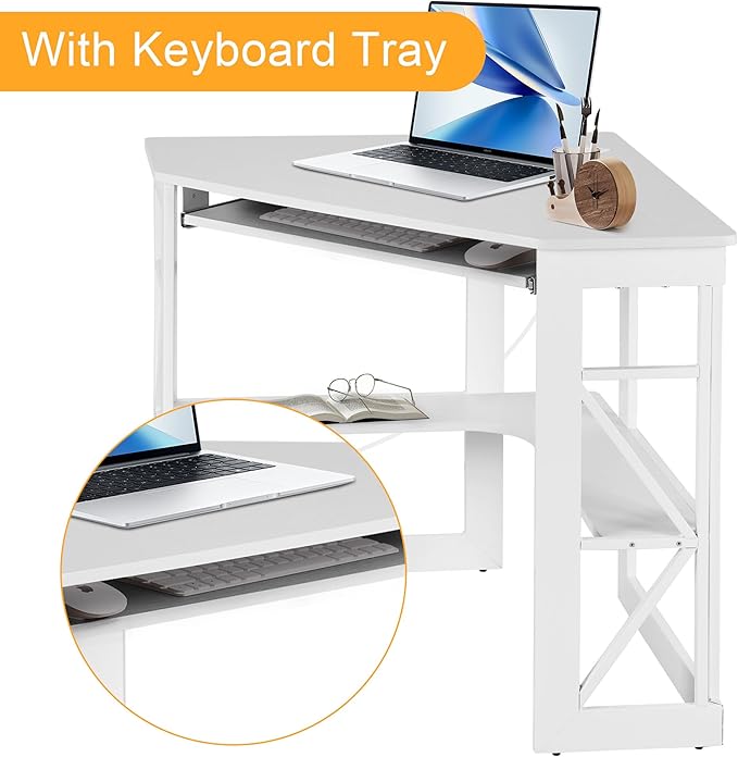 VECELO Corner Computer Desk 41 x 30 inches with Smooth Keyboard &amp Storage Shelves for Home Office Workstation White