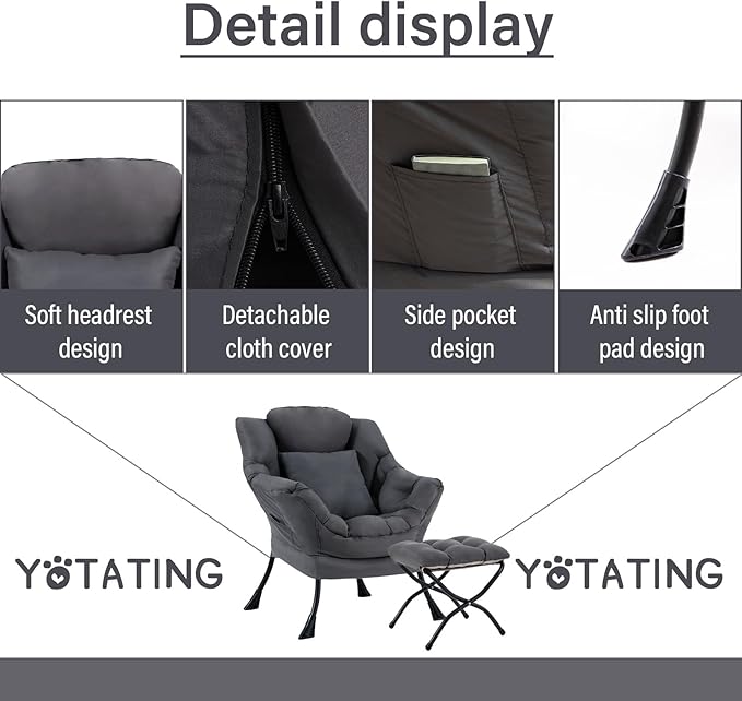 Lazy Chair with Ottoman Comfy Reading Lounge Chair with Footstool &amp Throw Pillow Modern with Armrests &amp Side Pocket for Living Room Bedroom Dorm Room Dark Grey
