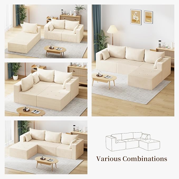 Boneless Cloud Couch with Movable Chaise Ottoman Moudular Sleeper Couch Dual-Core Support Spring &amp High-Resilience Foam 105 Corduroy Couch for Living Room No Assembly Beige