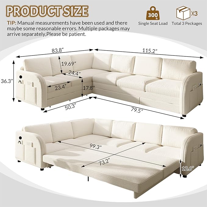 GNIXUU 115.2 L Shaped Couch with Pull Out Bed Convertible Sectional Sleeper Sofa with USB Port &amp Side Pockets 6 Seat Oversized Modular Teddy Cloud Couches for Living Room Apartment Beige