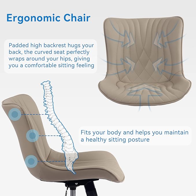 YOUNIKE Office Chair Desk Chair with Wheels Home Office Computer Task Chairs Modern Faux Leather Padded Vanity Chair Adjustable Swivel Armless Office Chairs with Back Khaki