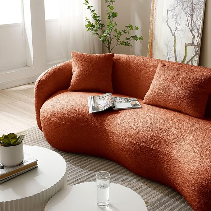 WILLIAMSPACE 93.6 Curved Sofa Modern Upholstered Boucle Curved Couch with 3 Throw Pillows 3-Seat Sofa Couch for Living Room Apartment (Orange)