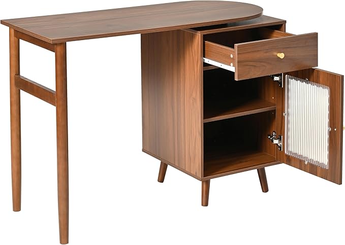 Computer Desk with 90 Degree Rotating Desktop and Bookshelf Office Desk with Drawer and Cabinets Gaming Desk with Shelves Writing Desk for Home Office Bedroom Living Room (Walnut-5.9)