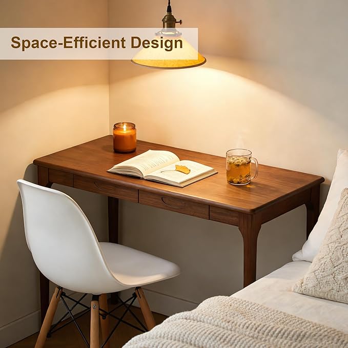 47 Solid Wood Desk with Drawers Small Home Office Writing Wooden Desk Gaming &amp Computer Desk for Bedroom Work Study Table for Small Space(Walnut47 Inch)