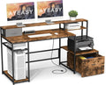 Home Office Desks with Drawers 66'' Computer Desk with Storage Office Desk with Monitor Stand Work Desk with Outlets and USB Gaming Table Desk with File Cabinet for Home Office Table Brown