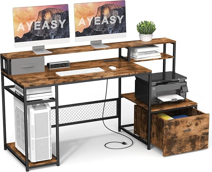 Home Office Desks with Drawers 66'' Computer Desk with Storage Office Desk with Monitor Stand Work Desk with Outlets and USB Gaming Table Desk with File Cabinet for Home Office Table Brown