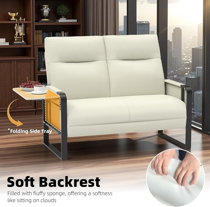 Modern Leather Loveseat Small Sofa with Side Tray &amp Pocket Upholstered Mini Couch for Living Room Office Guest Room Beige