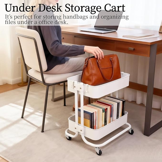 2 Tier Under Desk Storage Cart with Wheels Heavy Duty Metal Short Rolling Pantry Storage Cart for Small Space Utility Trolley for Kitchen Bathroom Laundry Cute Snack Craft Organizer White