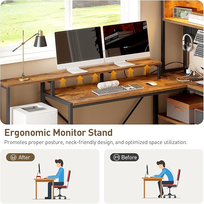 75inch L Shaped Computer Desk with Drawers Large Gaming Desk with LED Light &amp Power Outlets Corner Computer Desk with Storage Shelves &amp Monitor Stand for Home OfficeRustic Brown and Black