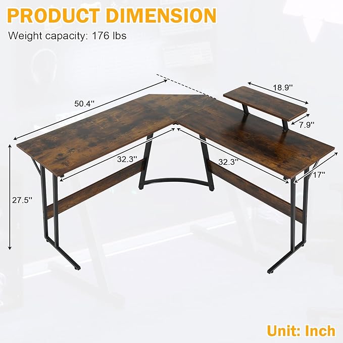 51 Inch L Shaped Gaming Desk Corner Computer Desk with Detachable Monitor Stand for Home Office Learning Gaming WorkstationBrown