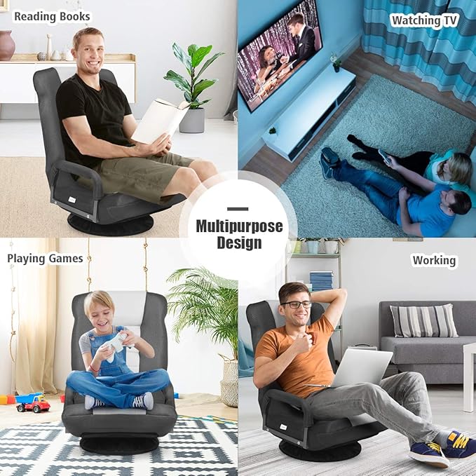 Giantex Floor Chair 360 Degree Swivel Chair with Adjustable Backrest Lumbar Support Armrest Foldable Lazy Sofa Rocker for TV Reading Playing Video Games Black/Grey