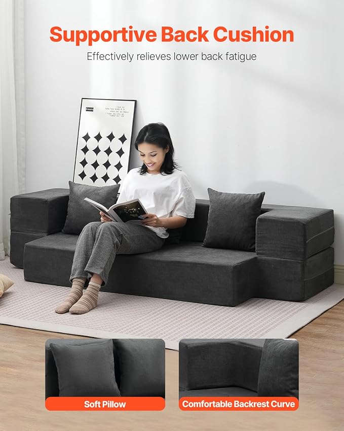 VEVOR Folding Sofa Bed 3-in-1 Foldable Couch Bed with 3 Pillows and Washable Cover 25D High Density Memory Foam Convertible Sleeper Chair Bed Futon Couch Dark Grey(Twin XL)