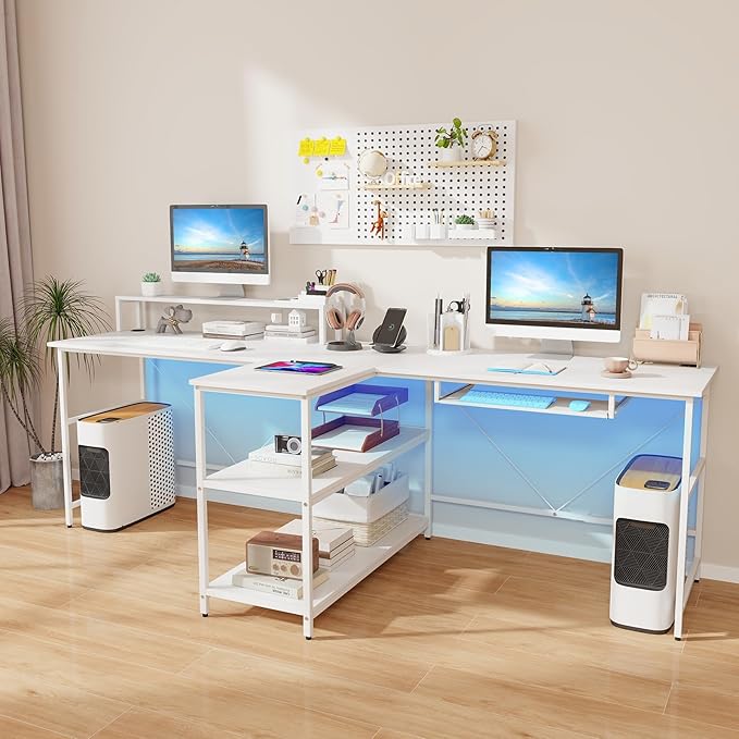 Giantex 94.5” 2 Person Desk with LED Lights Long PC Study Desk with Storage Shelves Power Outlets Keyboard Tray &amp Monitor Stand Double Computer Desk Workstation for Home Office (White)