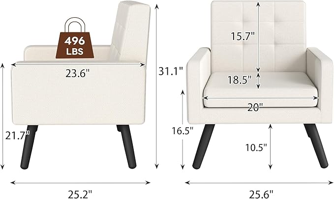 Accent Chair for Living Room Set of 2 Mid-Century Modern Comfy Upholstered Armchair with Large Seat Single Sofa Reading Chair 496 Lb. Weight Capacity for Bedroom Apartment Cream