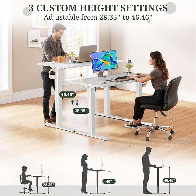 40 x 24 in Electric Standing Desk - Memory Height Adjustable Ergonomic Sit-to-Stand Rising Computer Table Gaming Workstations with 2 Hooks and Wire Hole for Home Office White