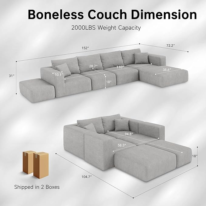 CUGOAO 152'' Modern Boneless Couch Oversized 2-in-1 Modular Sectional Sofa Bed Extra Deep Seat Upholstery Cloud Couch Boneless Couches for Living Room No Assembly Required Grey Chenille