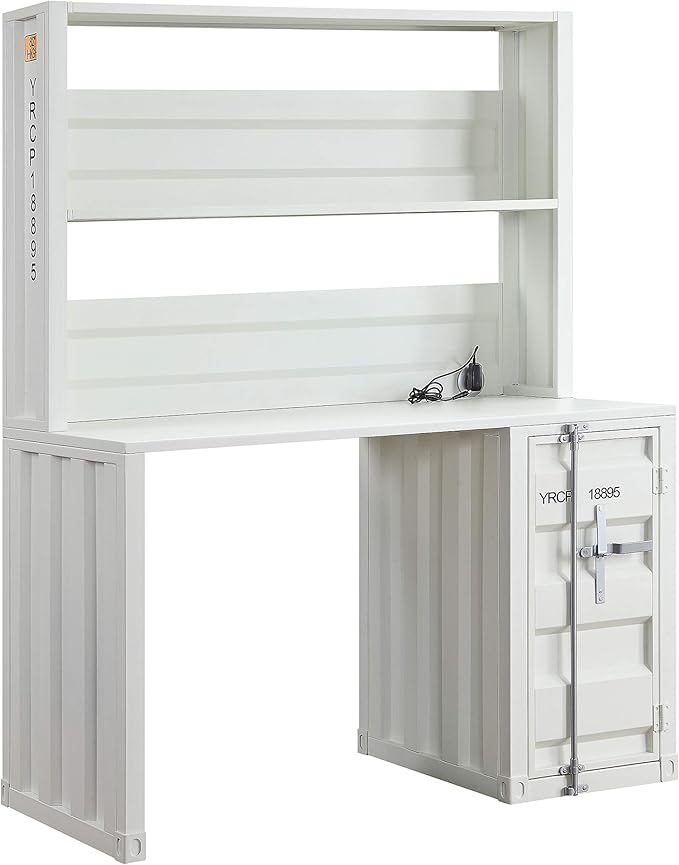 White 1-Door Writing Desk with Hutch for Home Office | Storage Desk with Open Compartment and Adjustable Shelf