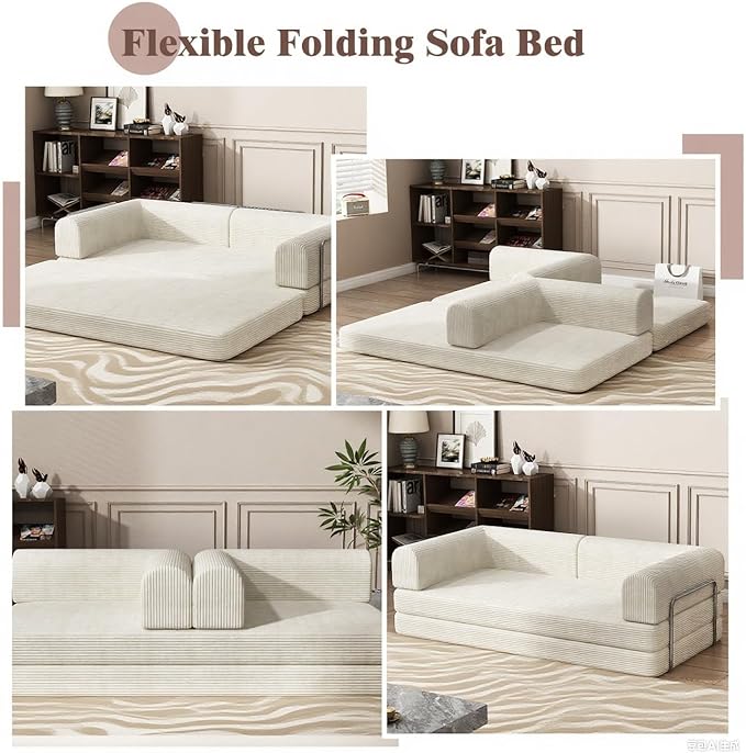 Convertible Corduroy Sleeper Sofa BedFolding Mattress Couch with Fixed-Shape Frame 3 Seater Fold Out King Size FutonNo Assembly Floor Couch for Living Room Dorm Studio 78.7*39.4*29.6 Inch Beige