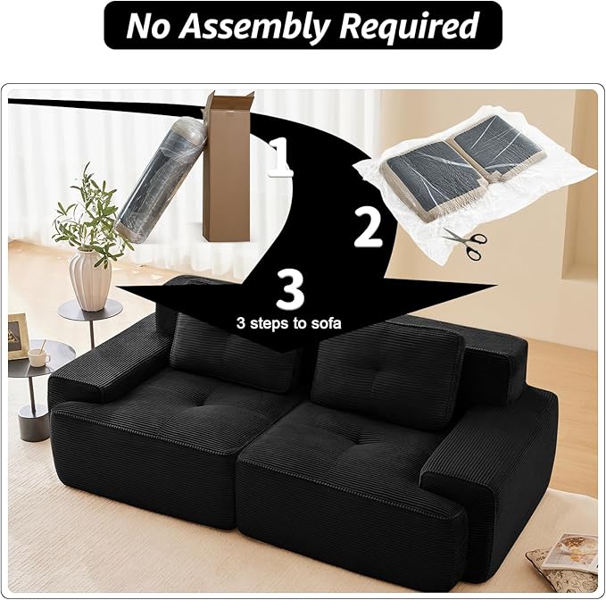 80 Modern Love Seat Boneless Couches for Living Room Corduroy Cloud Couch Sectional with Deep Seat Black Modular Sectional Sofa Loveseat Sofas for Living Room Sofas para Sala (Black 2 Seater)