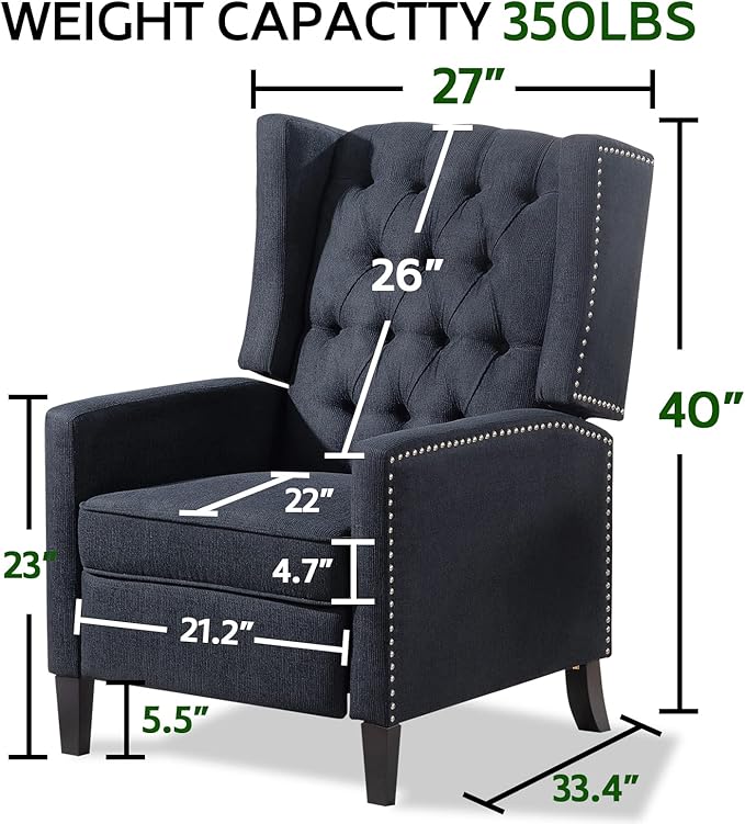Black Mid Century Modern Recliner Wingback Accent Chair with Push Back Mechanism Button Tufted Fabric Sofa &amp Nailhead Trim - Comfy Living Room Seating for Home Theater Office