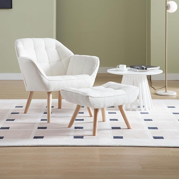 Modern Sherpa Accent Chair with Ottoman Fluffy Upholstered Lounge Chair with Footrest Comfy Living Room Side Boucle Armchair for Small Space Bedroom Apartment White