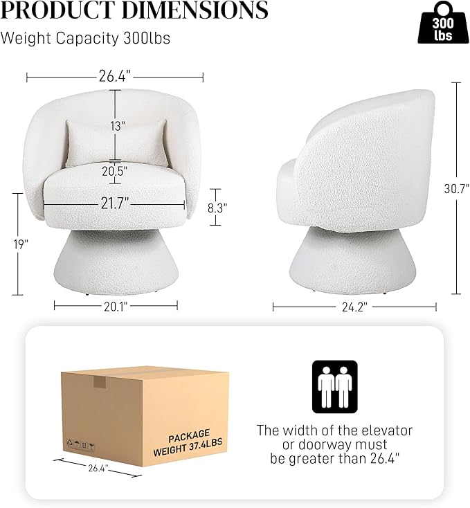 Swivel Barrel Chair Set of 2 Upholstered Swivel Cuddle Accent Chairs for Living Room Comfy 360°Small Round Boucle Sherpa Barrel Armchair for Bedroom Nursery (White Teddy)