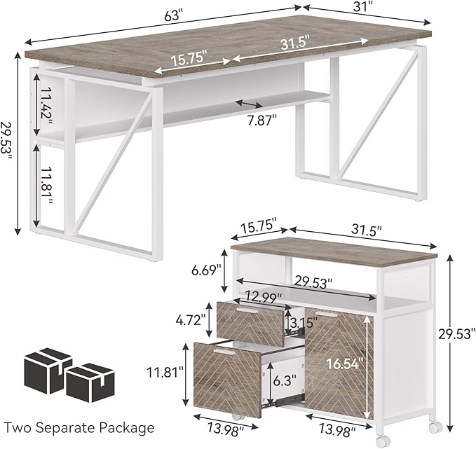 LITTLE TREE 63-Inch Office Desk with 31.5-Inch Lateral File Cabinet Study Writing Desk Computer Desk for Home Office