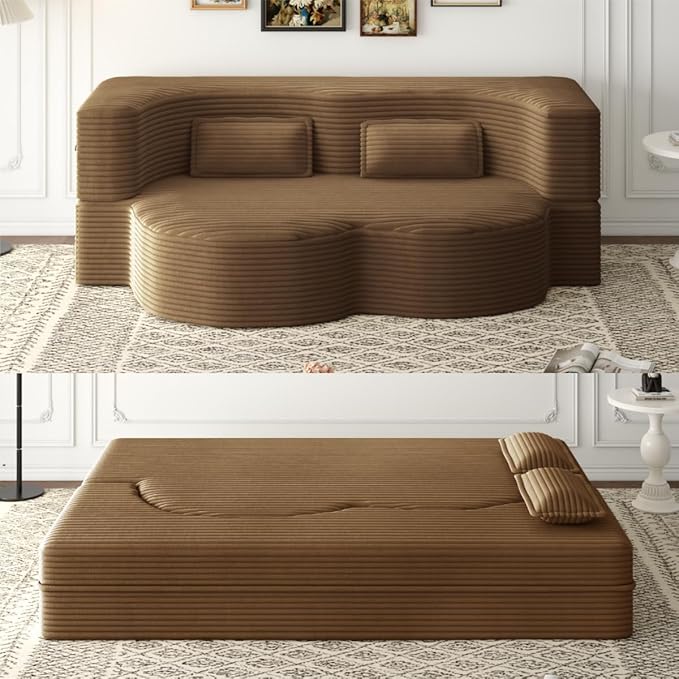 Convertible Sofa Bed Full Size｜78 Sleeper Couch with 2 Pillows｜Corduroy Fabric Folding Sofa Bed｜High-Density Foam｜No Assembly｜Space-Saving｜for Living Room Guest Room｜Camel