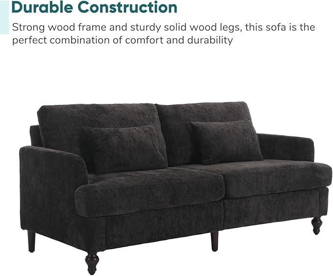 JOYBASE 70 inch Loveseat Sofa Mid-Century Modern Love Seat Couch with Wood Legs Upholstered Comfy Sofa for Living Room Apartment Office Bedroom (Black Chenille)