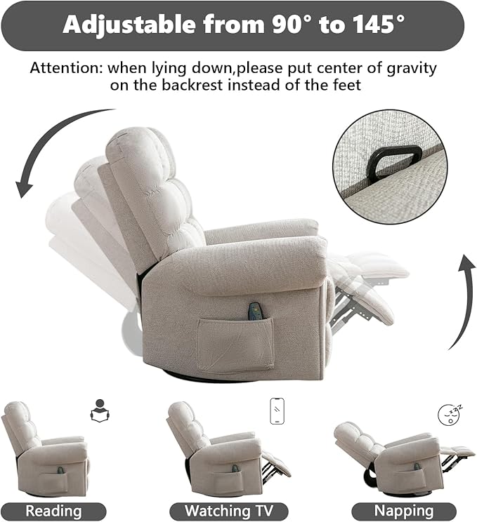 CANMOV Massage Swivel Rocker Recliner Chair with Heat and Vibration360°Swivel Rocking Glider Recliner Single Sofa with Side Pocket Manual Recliner Chair for Living RoomBedroomLight Grey