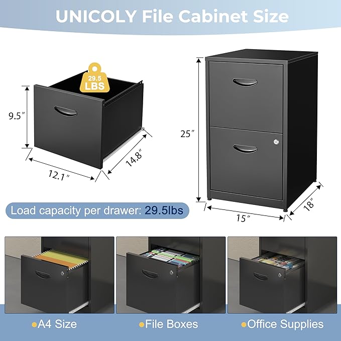 2 Drawer File Cabinet with Lock Metal File Cabinets for Home Office Under Desk Storage Printer Stand Office File Cabinets for Letters and File Boxes Assembly Required Black