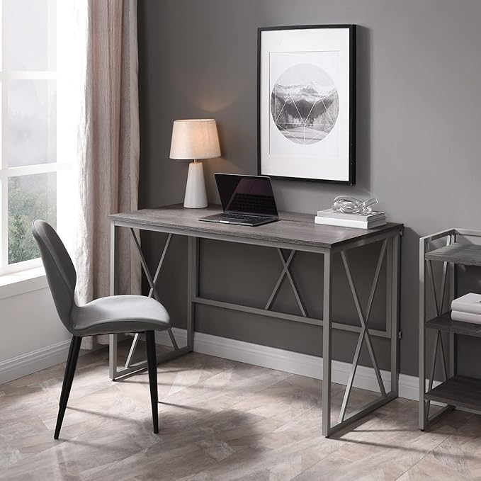 Leick Home Collapsible X Writing Computer Desk Space Saving for Bedroom Home Office Small Spaces Fully Assembled in Weathered Wood/Satin Nickel 70002-WWNK