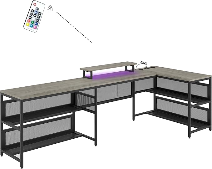 Penau U Shaped Computer Desk with LED Strip L Shaped Desk with Storage Shelves Vintage Style Home Office Gaming Desk