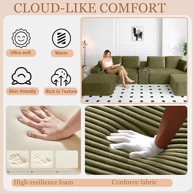 125 Oversized U-Shaped Cloud Sectional Couch 6-Seater Modular Sectional Sofa with USB Ports/Storge Console/Cup Holder Modern Deep Seat Corduroy Boneless Couch for Living Room No AssemblyGreen